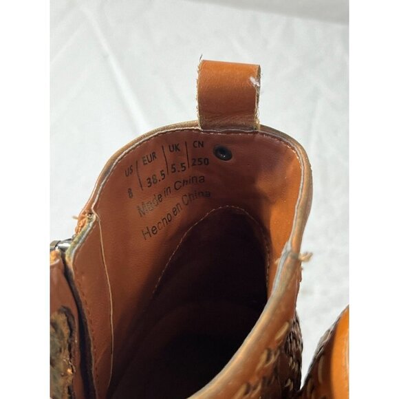 GAP Womens Woven Leather Ankle Bootie 8 British Tan Stacked Mid Heel Boho - Picture 6 of 12